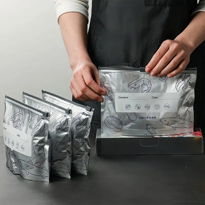 (30pcs )Reusable Aluminum Foil Sealable Storage Bags, 2025 New Resealable Vacuum Zipper Pouches for Food, Stand Up Foil Sealable Bags with Label and Zip Lock for Vegetable Fruit Meat
