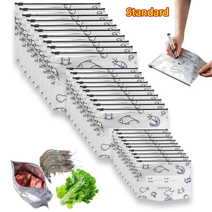 (30pcs )Reusable Aluminum Foil Sealable Storage Bags, 2025 New Resealable Vacuum Zipper Pouches for Food, Stand Up Foil Sealable Bags with Label and Zip Lock for Vegetable Fruit Meat