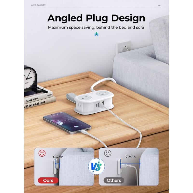 Travel Power Strip, 4 Outlets 3 USB Ports (1 USB C) with 4FT Wrapped Short Extension Cord Small Power Strip