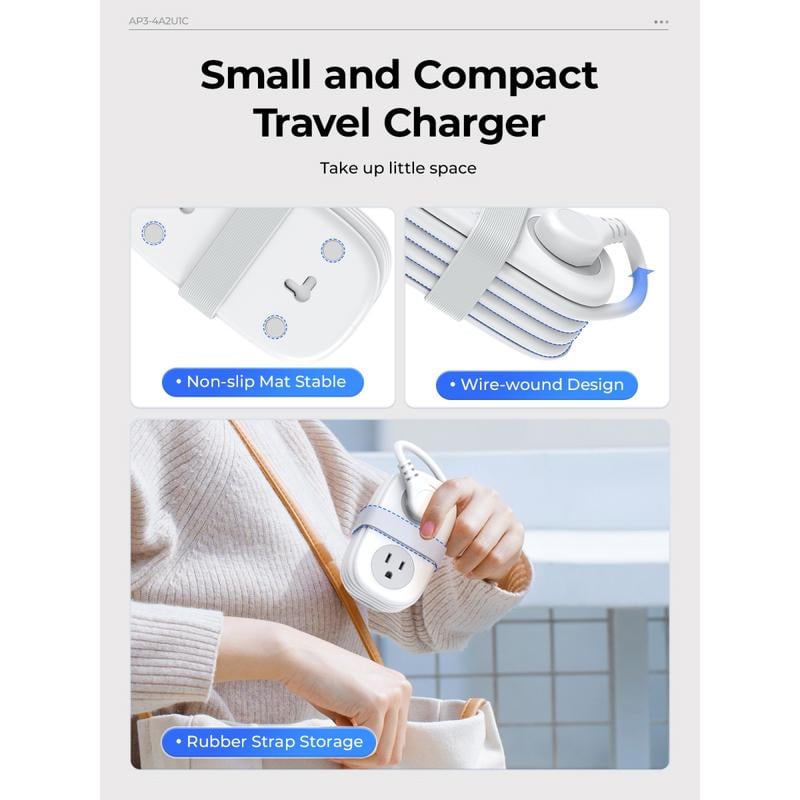 Travel Power Strip, 4 Outlets 3 USB Ports (1 USB C) with 4FT Wrapped Short Extension Cord Small Power Strip