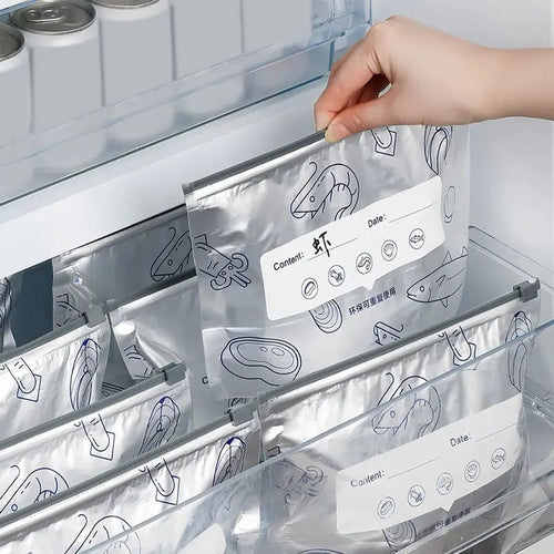 (30pcs )Reusable Aluminum Foil Sealable Storage Bags, 2025 New Resealable Vacuum Zipper Pouches for Food, Stand Up Foil Sealable Bags with Label and Zip Lock for Vegetable Fruit Meat